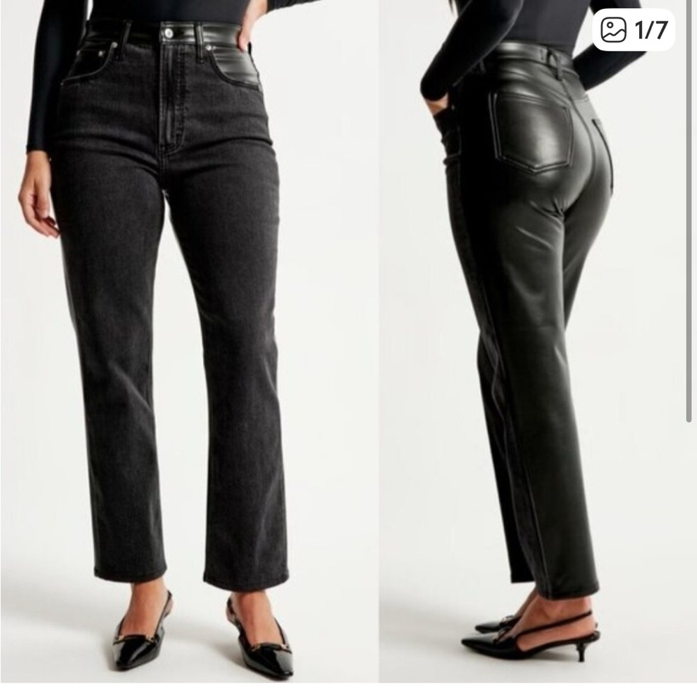 NWOT A&F Women's Curve Love Black Denim and Faux Leather Straight Leg